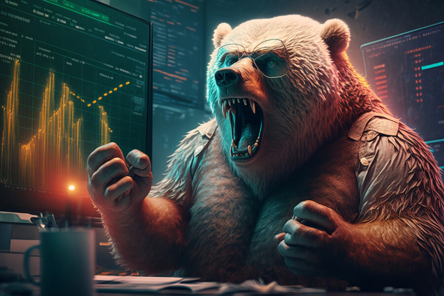 80% av svenska börsnoteringar sedan 2020 handlas lägre än IPO - Angry Bear trading with computer, Bearish in Stock market and Cr