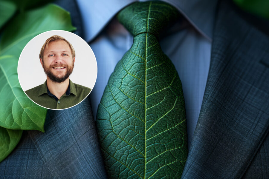 Olivares-Jirsell: Rätt att koppla VD-löner till hållbarhet - Businessman in a suit wears a tie made of green leaves, symbolizing environmental consciousness. promotes sustainability Ideal for eco-conscious and sustainable business themes