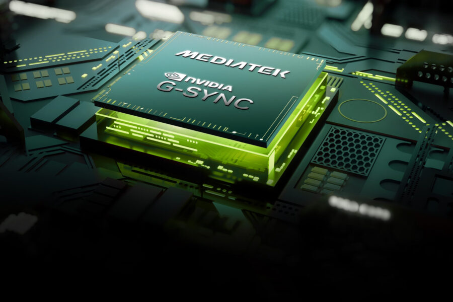 Närbild på datorkomponenter med texten Mediatek Nvidia G-sync